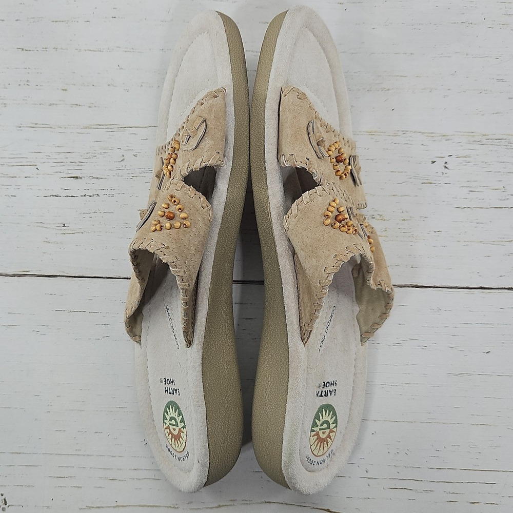 Earth Shoe Conway Slide Sandals Womens 10.5 Tan Suede Beaded Whipstitch Boho - Picture 8 of 11
